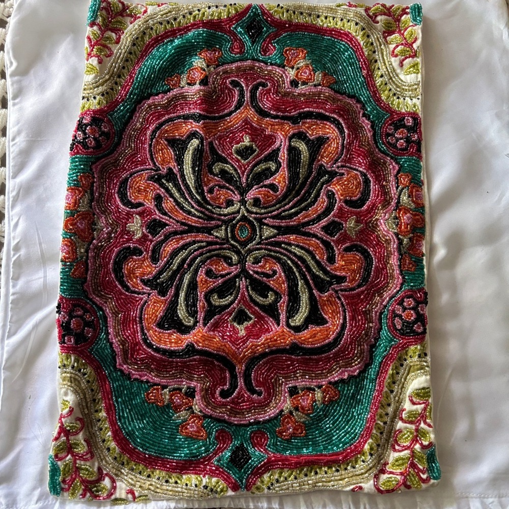 Max Studio Beaded Cotton Pillow Cover Multi Color 12.5x17.5 Rectangular
